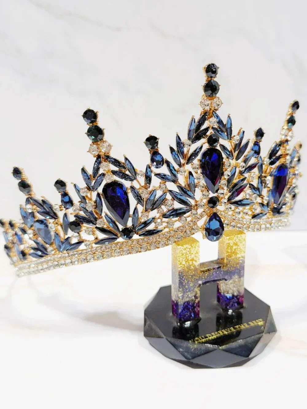 Navy blue tiara, Gold Crystal Crown, Rhinestone Tiara, Formal crown headpiece